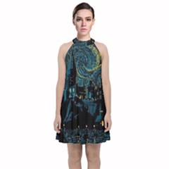 Cartoon Starry Night Vincent Van Gofh Velvet Halter Neckline Dress  by Jancukart