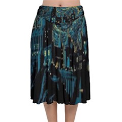 Cartoon Starry Night Vincent Van Gofh Velvet Flared Midi Skirt