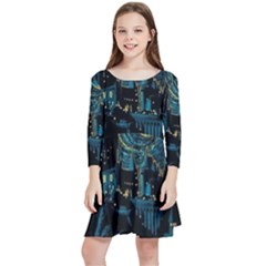 Cartoon Starry Night Vincent Van Gofh Kids  Quarter Sleeve Skater Dress by Jancukart