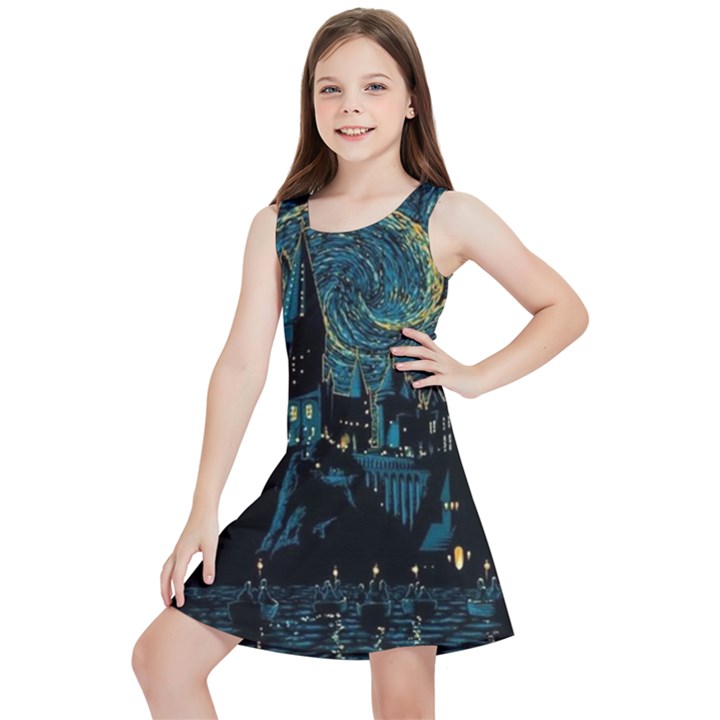 Cartoon Starry Night Vincent Van Gofh Kids  Lightweight Sleeveless Dress