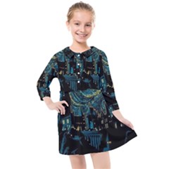 Cartoon Starry Night Vincent Van Gofh Kids  Quarter Sleeve Shirt Dress by Jancukart