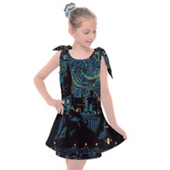 Cartoon Starry Night Vincent Van Gofh Kids  Tie Up Tunic Dress by Jancukart