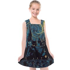 Cartoon Starry Night Vincent Van Gofh Kids  Cross Back Dress by Jancukart