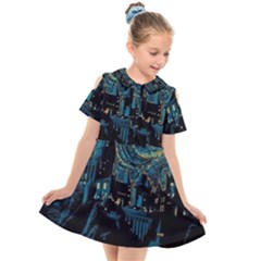 Cartoon Starry Night Vincent Van Gofh Kids  Short Sleeve Shirt Dress by Jancukart