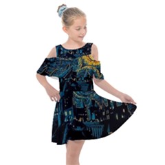 Cartoon Starry Night Vincent Van Gofh Kids  Shoulder Cutout Chiffon Dress by Jancukart