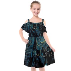 Cartoon Starry Night Vincent Van Gofh Kids  Cut Out Shoulders Chiffon Dress by Jancukart