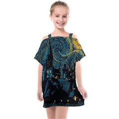 Cartoon Starry Night Vincent Van Gofh Kids  One Piece Chiffon Dress by Jancukart