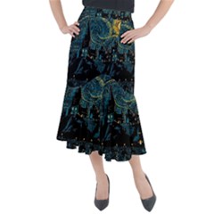 Cartoon Starry Night Vincent Van Gofh Midi Mermaid Skirt by Jancukart