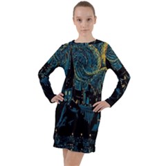 Cartoon Starry Night Vincent Van Gofh Long Sleeve Hoodie Dress