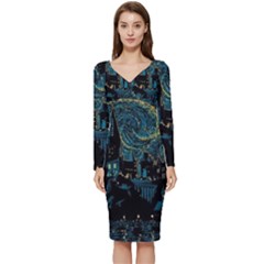 Cartoon Starry Night Vincent Van Gofh Long Sleeve V-neck Bodycon Dress 