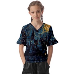 Cartoon Starry Night Vincent Van Gofh Kids  V-neck Horn Sleeve Blouse by Jancukart