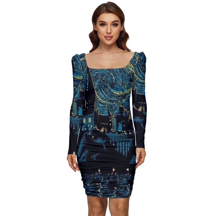 Cartoon Starry Night Vincent Van Gofh Women Long Sleeve Ruched Stretch Jersey Dress