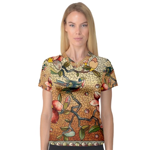 Flower Cubism Mosaic Vintage V-neck Sport Mesh Tee by Jancukart