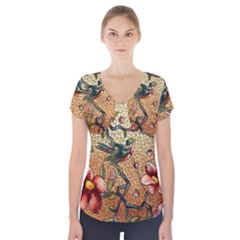 Flower Cubism Mosaic Vintage Short Sleeve Front Detail Top