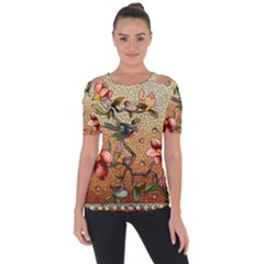 Flower Cubism Mosaic Vintage Shoulder Cut Out Short Sleeve Top