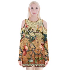 Flower Cubism Mosaic Vintage Velvet Long Sleeve Shoulder Cutout Dress