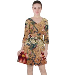 Flower Cubism Mosaic Vintage Quarter Sleeve Ruffle Waist Dress