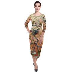 Flower Cubism Mosaic Vintage Quarter Sleeve Midi Velour Bodycon Dress