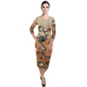 Flower Cubism Mosaic Vintage Quarter Sleeve Midi Velour Bodycon Dress View1