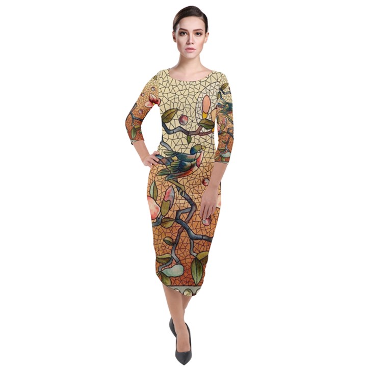 Flower Cubism Mosaic Vintage Quarter Sleeve Midi Velour Bodycon Dress