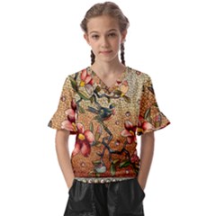 Flower Cubism Mosaic Vintage Kids  V-neck Horn Sleeve Blouse by Jancukart