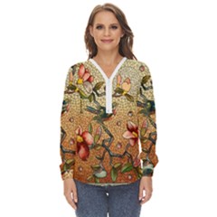 Flower Cubism Mosaic Vintage Zip Up Long Sleeve Blouse