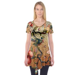 Flower Cubism Mosaic Vintage Short Sleeve Tunic 