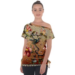 Flower Cubism Mosaic Vintage Off Shoulder Tie-up Tee