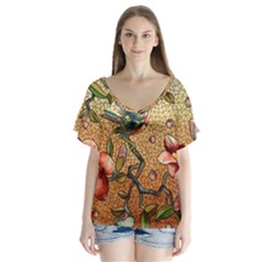 Flower Cubism Mosaic Vintage V-neck Flutter Sleeve Top by Jancukart