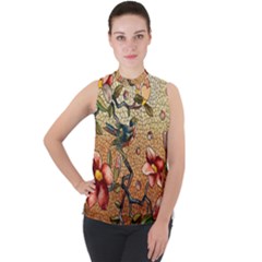 Flower Cubism Mosaic Vintage Mock Neck Chiffon Sleeveless Top