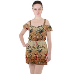 Flower Cubism Mosaic Vintage Ruffle Cut Out Chiffon Playsuit