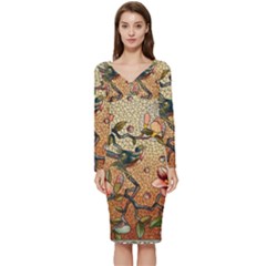 Flower Cubism Mosaic Vintage Long Sleeve V-neck Bodycon Dress  by Jancukart