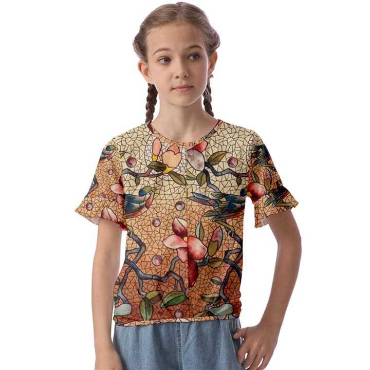 Flower Cubism Mosaic Vintage Kids  Cuff Sleeve Scrunch Bottom Tee