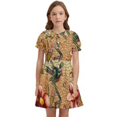 Flower Cubism Mosaic Vintage Kids  Bow Tie Puff Sleeve Dress