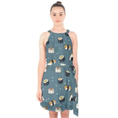 Sushi Pattern Halter Collar Waist Tie Chiffon Dress