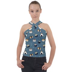 Sushi Pattern Cross Neck Velour Top