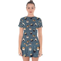 Sushi Pattern Drop Hem Mini Chiffon Dress