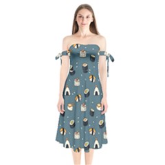 Sushi Pattern Shoulder Tie Bardot Midi Dress