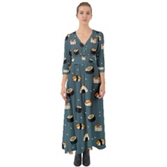 Sushi Pattern Button Up Boho Maxi Dress