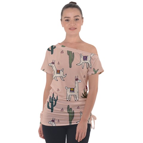 Llamas Pattern Off Shoulder Tie-up Tee by Jancukart