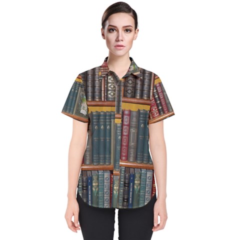 Books Library Bookshelf Bookshop Women s Short Sleeve Shirt by Zezheshop