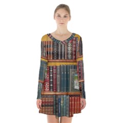 Books Library Bookshelf Bookshop Long Sleeve Velvet V-neck Dress