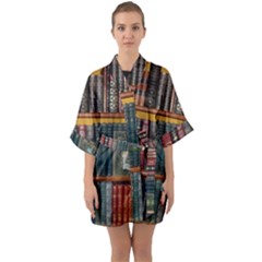 Books Library Bookshelf Bookshop Half Sleeve Satin Kimono  by Zezheshop