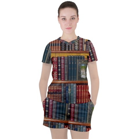 Books Library Bookshelf Bookshop Women s Tee And Shorts Set by Zezheshop