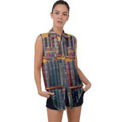 Books Library Bookshelf Bookshop Sleeveless Chiffon Button Shirt