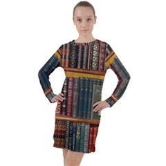 Books Library Bookshelf Bookshop Long Sleeve Hoodie Dress