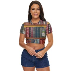 Books Library Bookshelf Bookshop Side Button Cropped Tee by Zezheshop