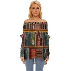 Books Library Bookshelf Bookshop Off Shoulder Chiffon Pocket Shirt by Zezheshop