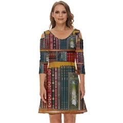 Books Library Bookshelf Bookshop Shoulder Cut Out Zip Up Dress by Zezheshop