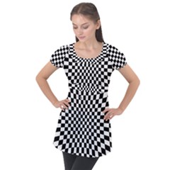 Illusion Checkerboard Black And White Pattern Puff Sleeve Tunic Top by Zezheshop